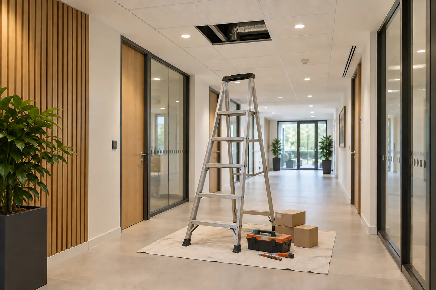 Illustration of building maintenance in an office corridor, with a ladder beneath an open ceiling panel.