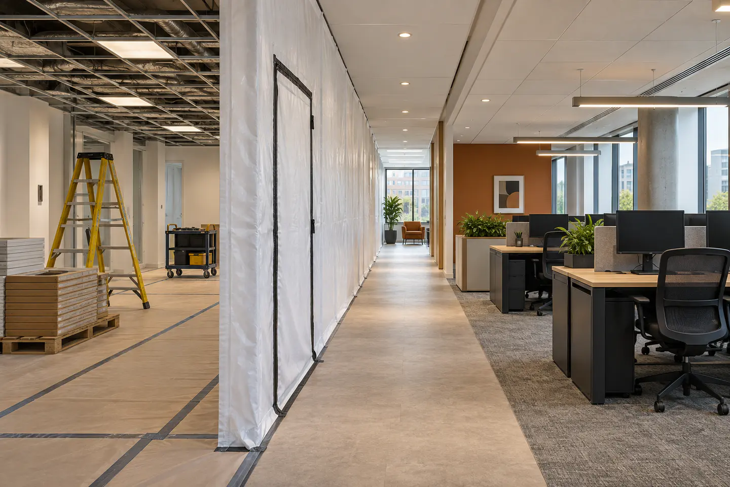 Illustration of phased office works, with a dust screen separating construction from the working area.
