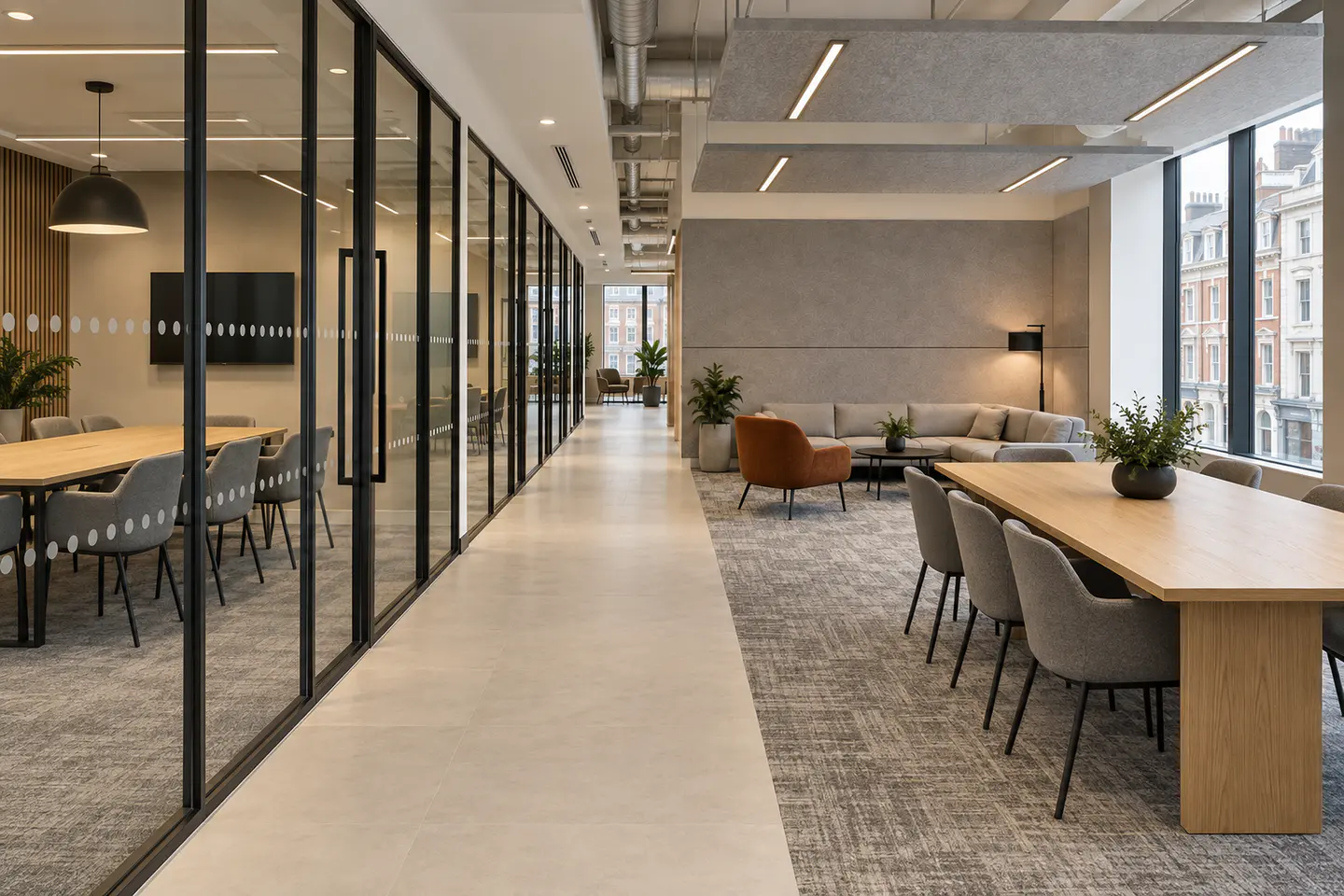 Illustration of a completed office fit out with glazed meeting rooms and a breakout area.