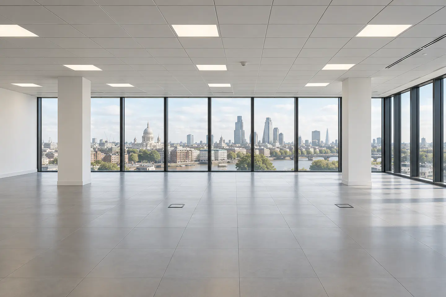 Illustration of a Cat A office interior with an open floor, finished ceiling and lighting before occupier fit out.