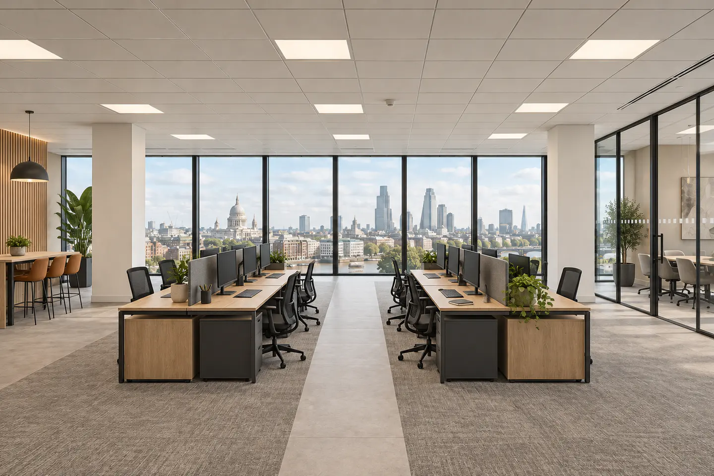 Illustration of the same office as a Cat B fit out, with workstations, meeting rooms and breakout seating.