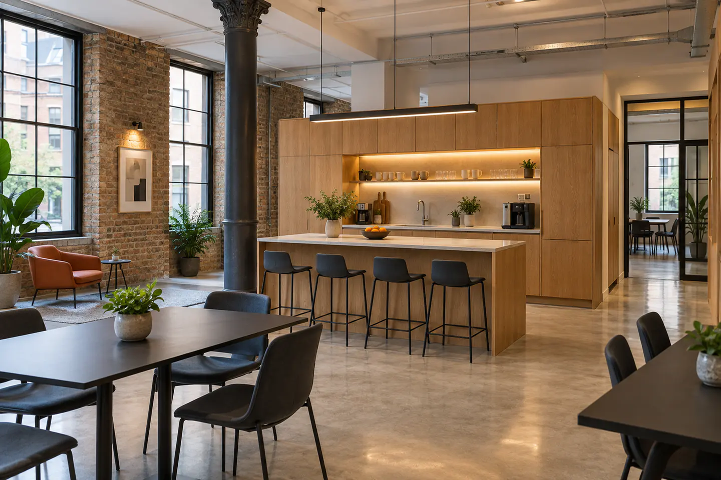 Illustration of a refurbished office breakout space with a timber kitchenette and shared tables.