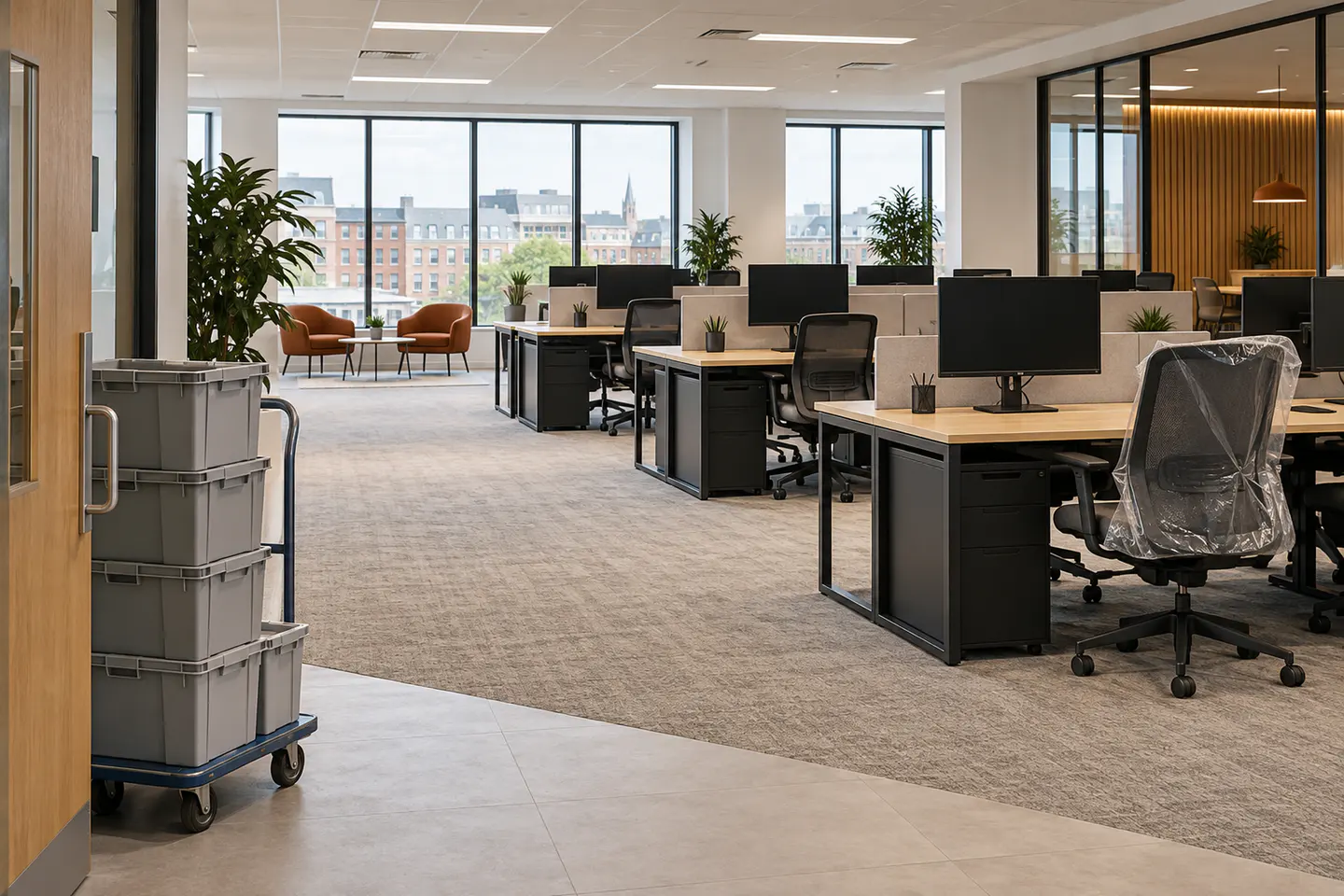 Illustration of an office prepared for relocation, with moving crates, workstations and a wrapped chair.