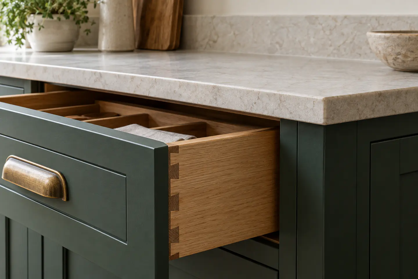 Illustration of bespoke kitchen joinery, showing an open timber drawer beneath a stone worktop.