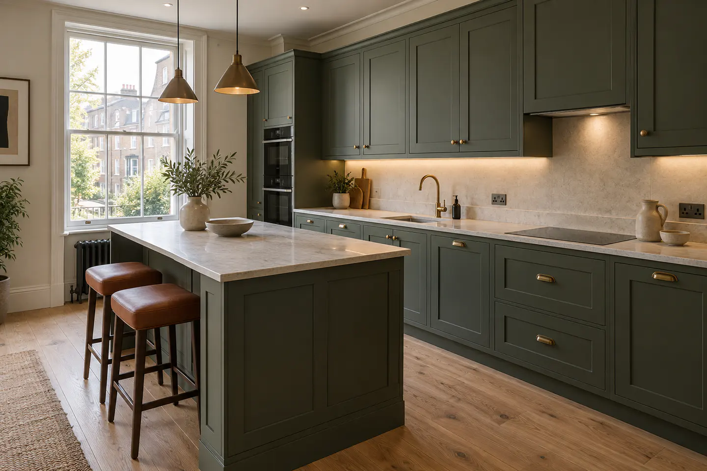 Illustration of a refurbished kitchen with green cabinetry, a stone island and timber flooring.