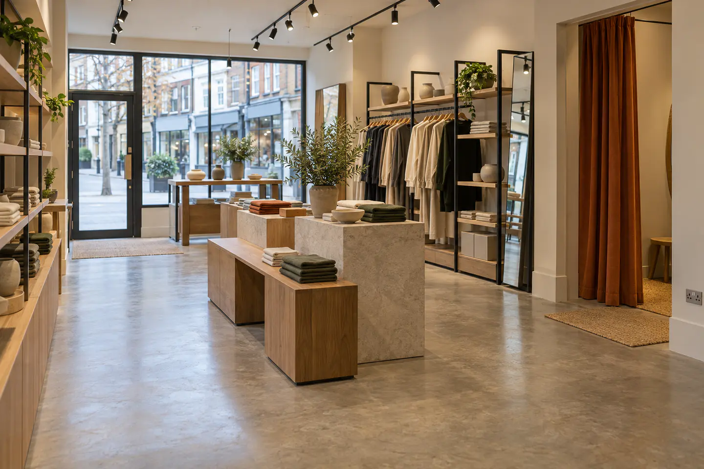 Illustration of a shop fit out with display counters, clothing rails and track lighting.